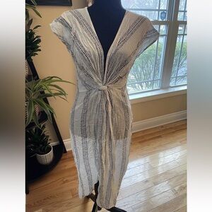 Promesa Midi Dress Womens Sz S White/Black Knot Front Tribal Geometric Bohemian